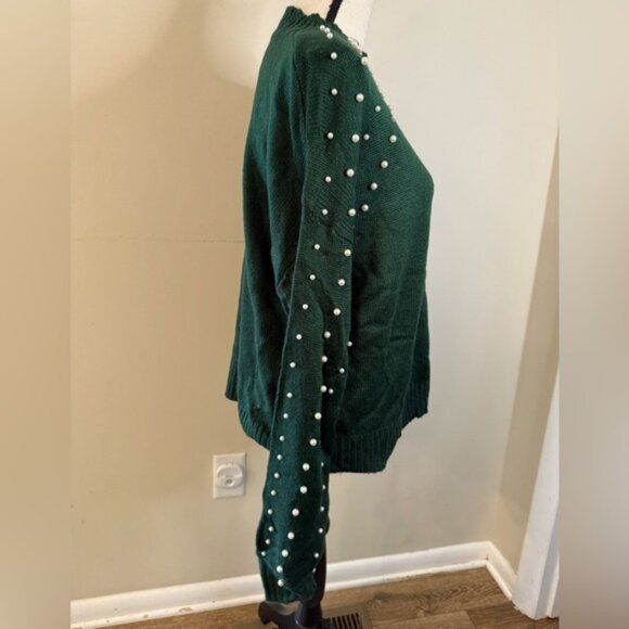 Viva Boutique forest green sweater pearl embellishments long sleeves crewneck M - Picture 1 of 11